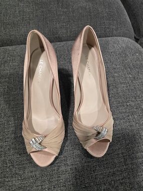 le chateau Blush Pink Satin Peep-Toe Heels with Crystal Accent